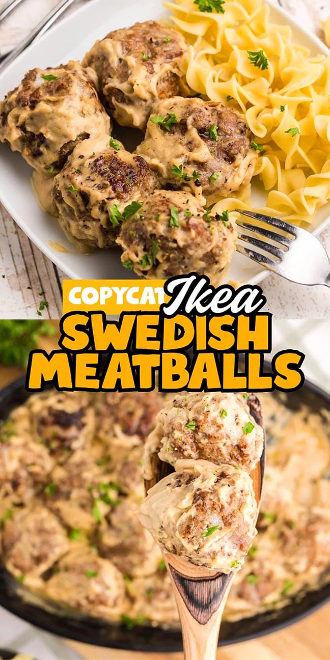 A plate of Swedish meatballs with creamy sauce, noodles, and a wooden spoon serving more meatballs from a pan.