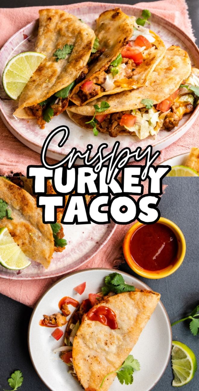 Three crispy turkey tacos on plates with lime wedges, cilantro, salsa, and a "Crispy Turkey Tacos" text overlay—perfect for anyone seeking a flavorful turkey taco recipe.