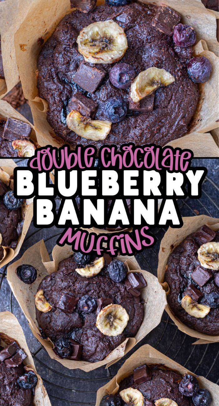 Overhead view of Double Chocolate Blueberry Banana Muffins with banana slices, blueberries, and chocolate chunks—a mouthwatering gluten free muffin recipe for chocolate lovers.