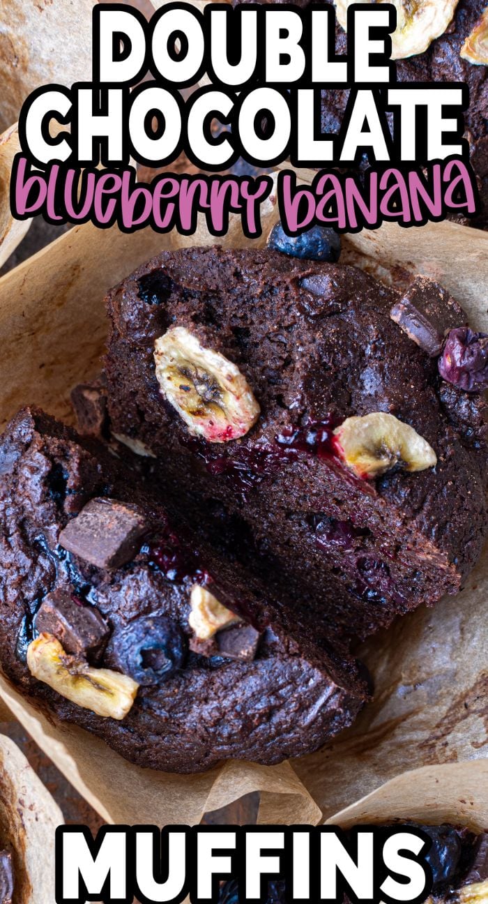 Close-up of Double Chocolate Blueberry Banana Muffins with chocolate chunks and banana slices on top—a rich double chocolate muffin that's perfect for any sweet craving. Try this gluten free muffin recipe for a tasty treat!.