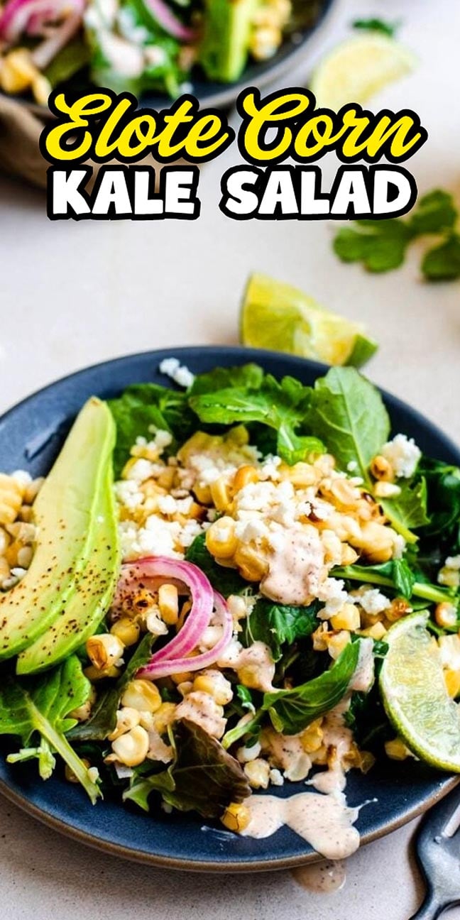 Elote corn kale salad with avocado and lime wedges in a bowl.