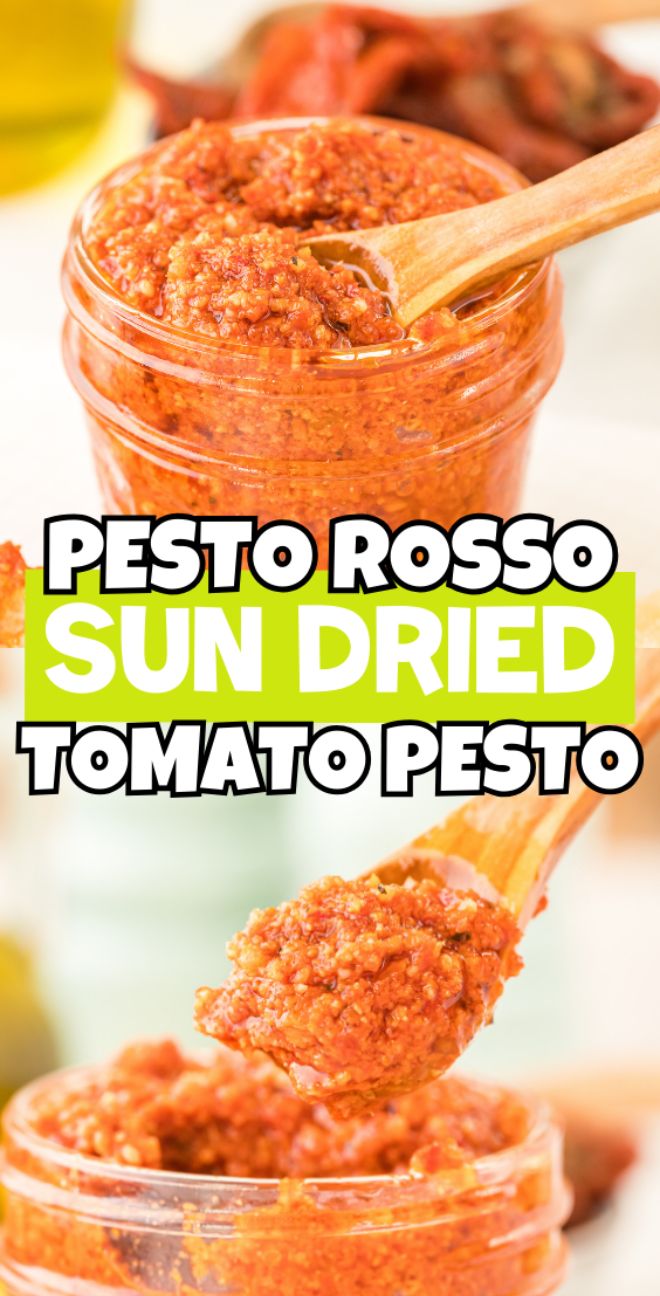 A jar of sun dried tomato pesto with a wooden spoon, labeled “Pesto Rosso Sun Dried Tomato Pesto”—a flavorful and easy pasta sauce perfect for any red pesto recipe.