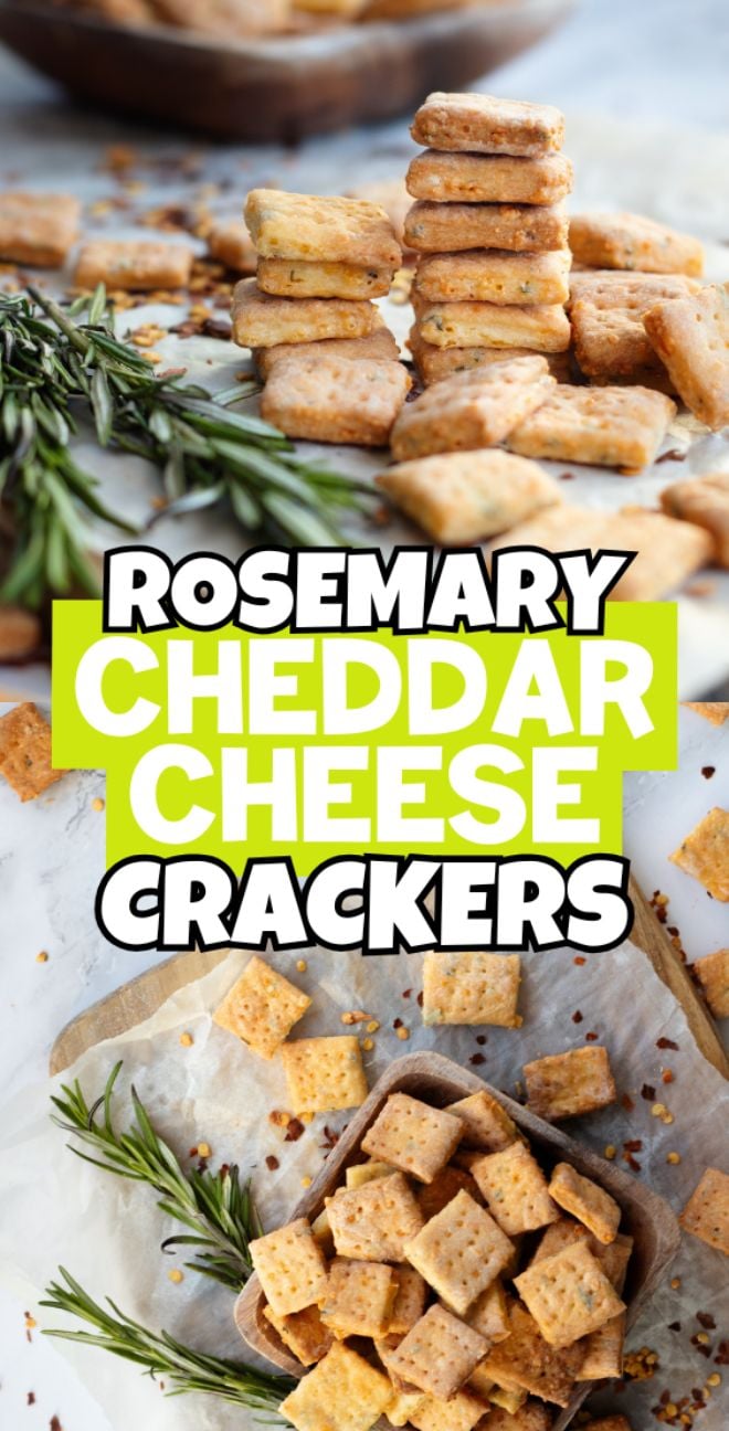 Stacks and piles of square rosemary cheddar cheese crackers on a table with fresh rosemary sprigs nearby—perfect inspiration for your next homemade cracker recipe.