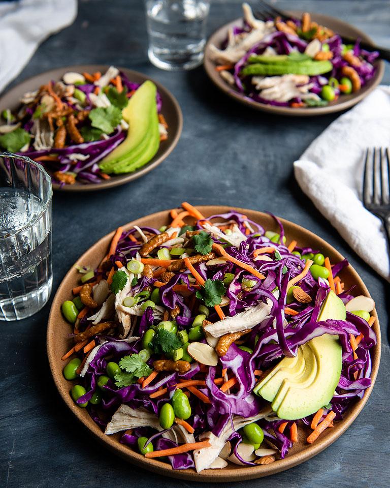 Sesame Avocado Asian Chicken Salad With Honey Ginger Dressing Xoxobella