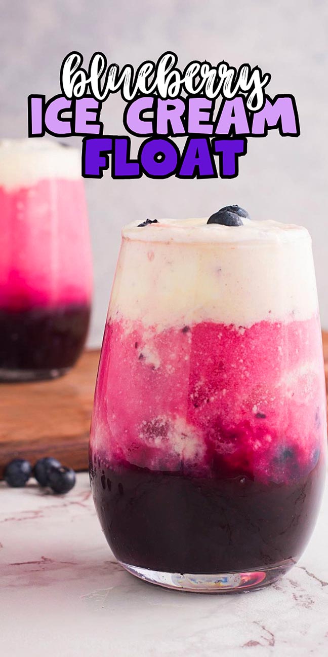 Blueberry ice cream float in a glass, topped with fresh blueberries, with text overlay reading “Blueberry Ice Cream Float.”.