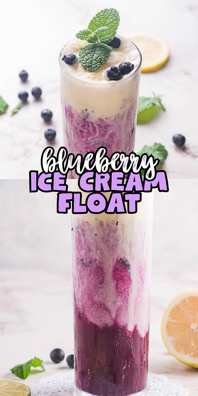Blueberry ice cream float topped with mint, surrounded by fresh blueberries and lemon slices.