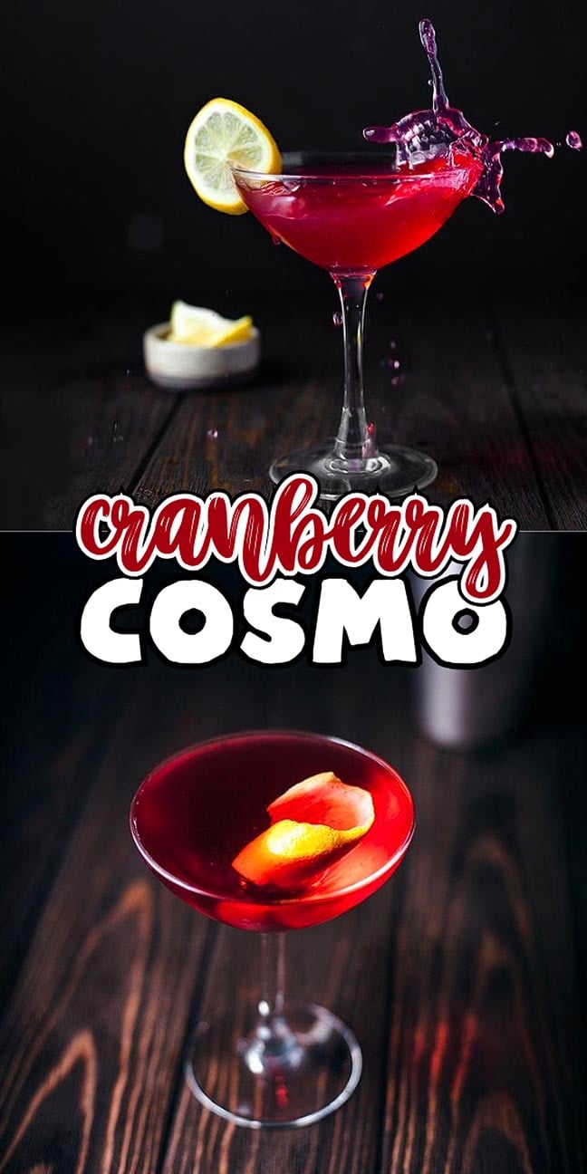 Two cranberry cosmopolitans in martini glasses with the text “Cranberry Cosmo.”.