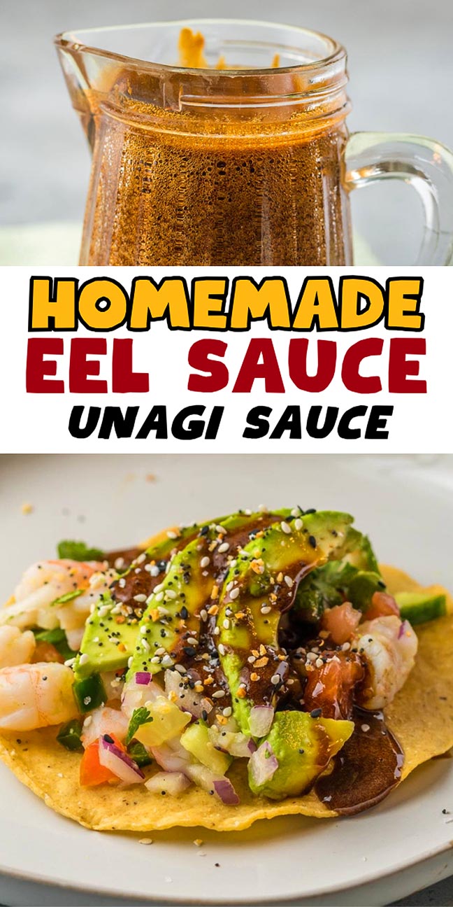 Glass pitcher of brown unagi sauce and a tostada topped with shrimp, avocado, salsa, and sauce drizzle.