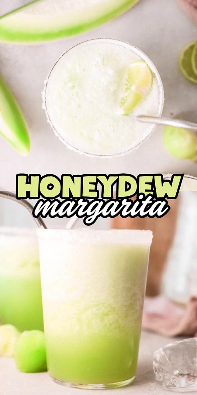 Two glasses of honeydew margarita with lime wedges and salt rims.