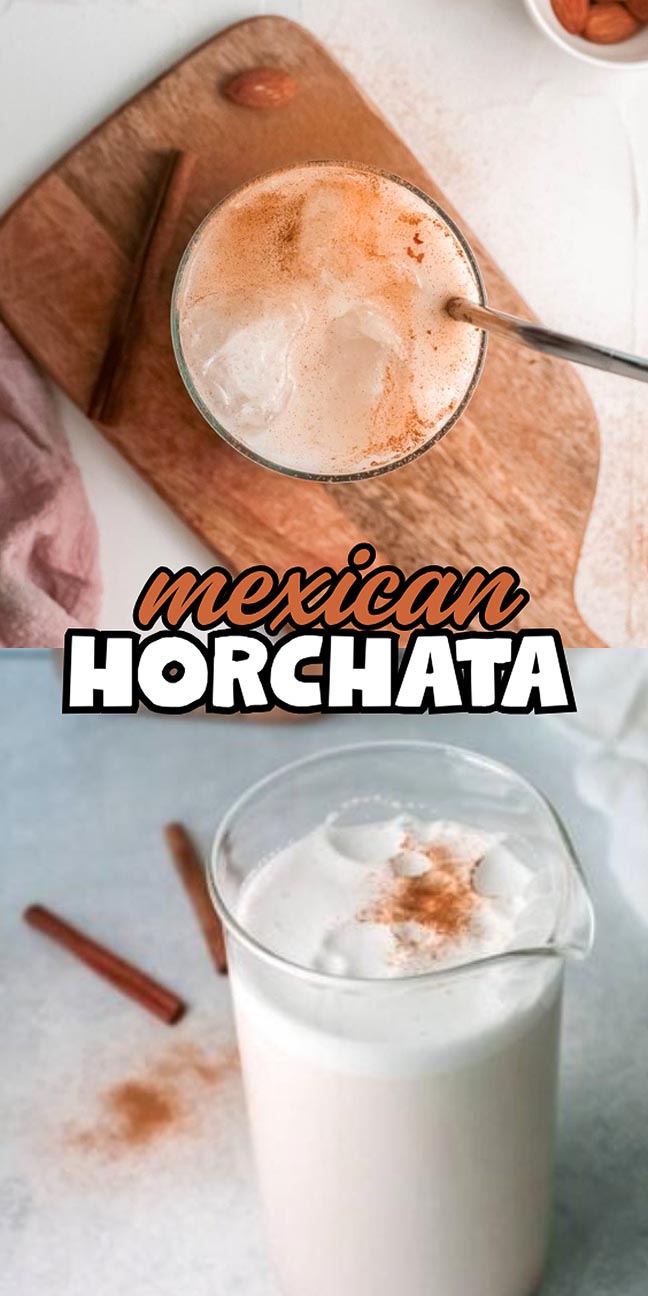 Glass and pitcher of Mexican horchata with ice and sprinkled cinnamon, plus a cinnamon stick and almonds.