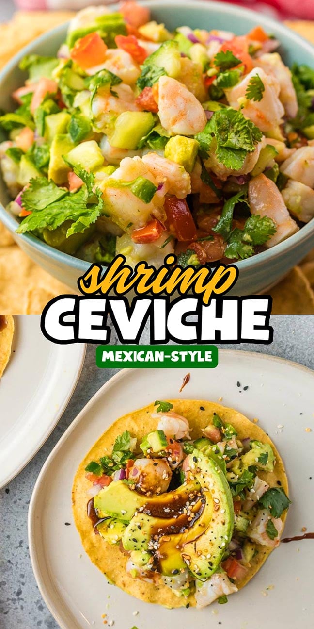 A bowl of shrimp ceviche with a shrimp ceviche tostada topped with avocado slices.