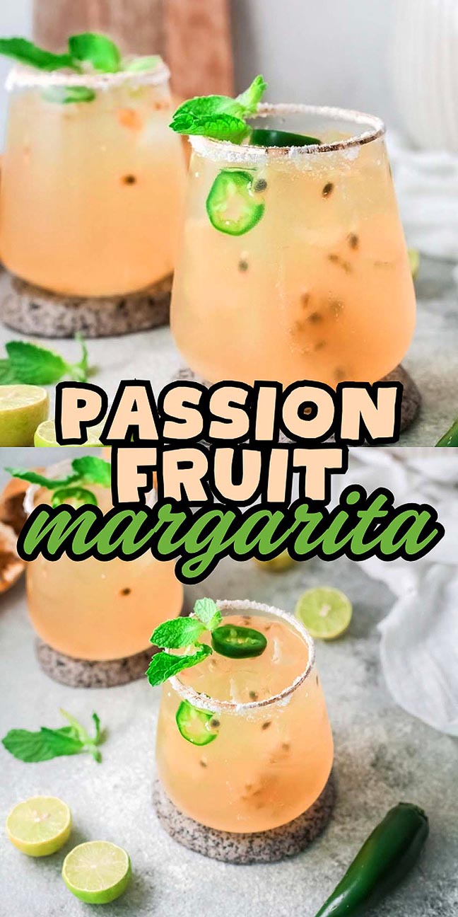 Glasses of passion fruit margarita garnished with mint and jalapeño slices.