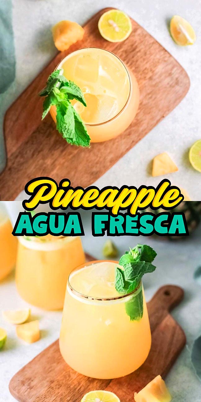Glasses of pineapple agua fresca garnished with mint on wooden boards.