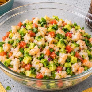 A bowl of shrimp ceviche with avocado, tomato, and cilantro, surrounded by tortilla chips and lime—this Mexican ceviche is bursting with fresh flavor.