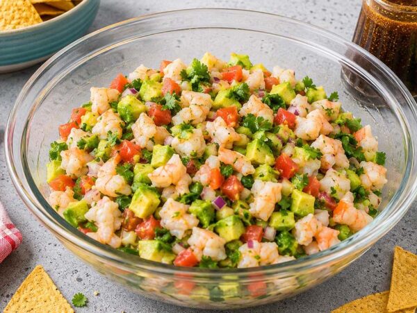A bowl of shrimp ceviche with avocado, tomato, and cilantro, surrounded by tortilla chips and lime—this Mexican ceviche is bursting with fresh flavor.