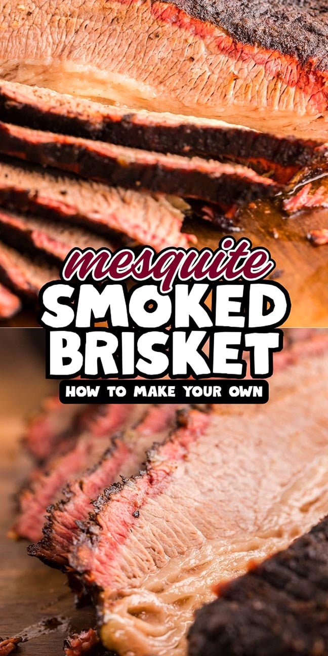 Sliced smoked brisket with a dark bark and juicy center, text reads “Mesquite Smoked Brisket: How to Make Your Own.”.