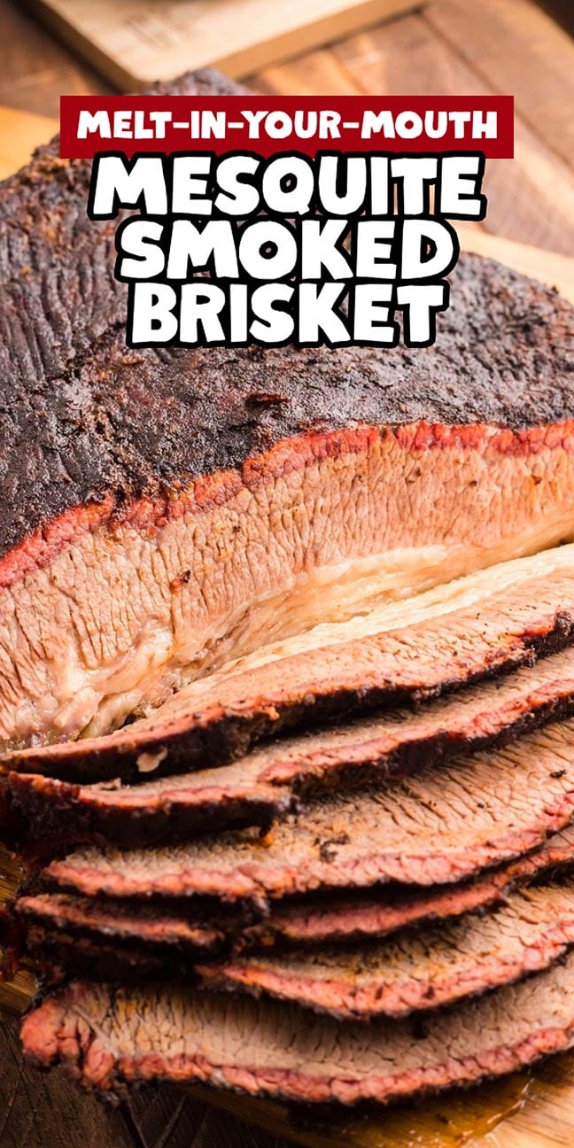 Sliced smoked brisket on a wooden board with text “Melt-In-Your-Mouth Mesquite Smoked Brisket” above.