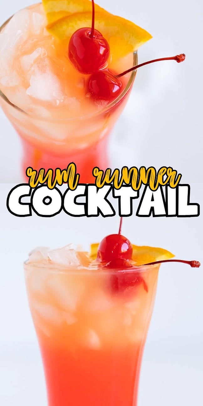 Glass of rum runner cocktail with ice, orange slice, and cherry garnish; text reads “rum runner COCKTAIL.”.