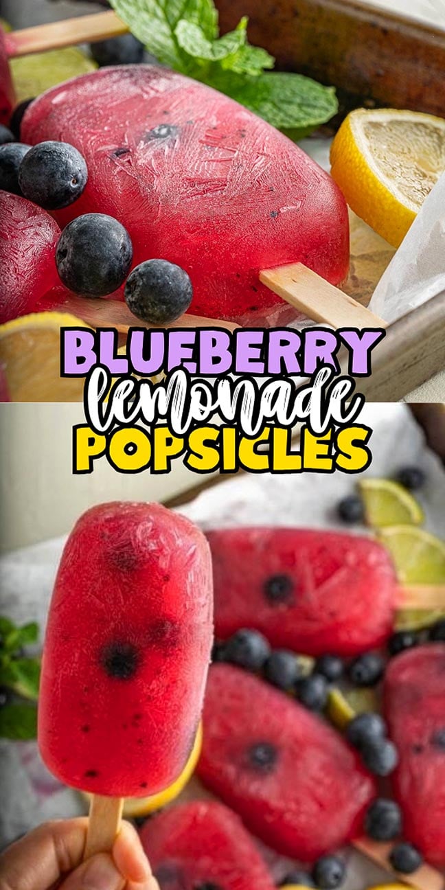 Blueberry lemonade popsicles garnished with fresh blueberries, lemon slices, and mint.