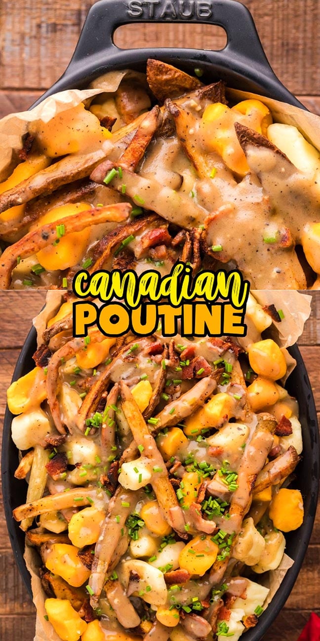 Fries topped with cheese curds and brown gravy, garnished with chives, in a black dish labeled “Canadian Poutine.”.