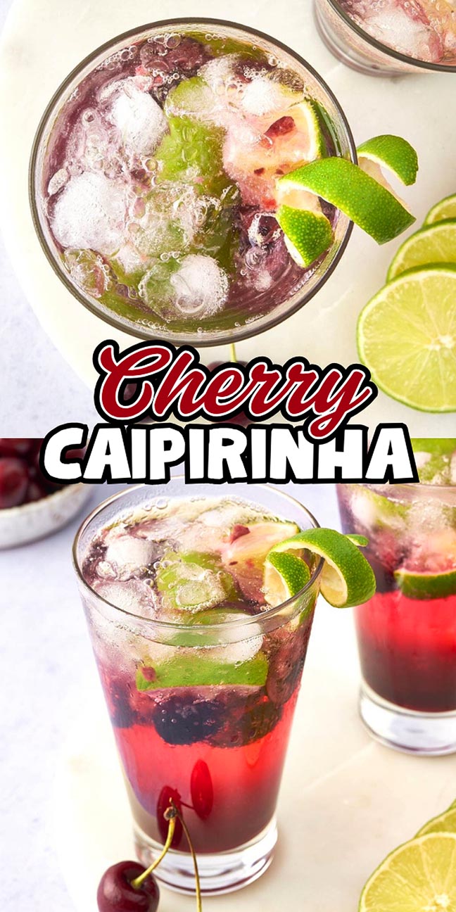 Two glasses of cherry caipirinha with ice, lime slices, and cherries on a white surface.