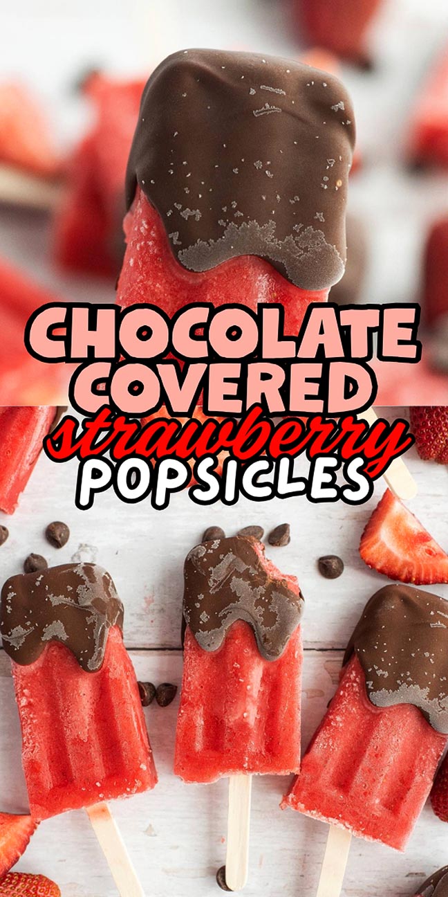 Chocolate-covered strawberry popsicles with text overlay.