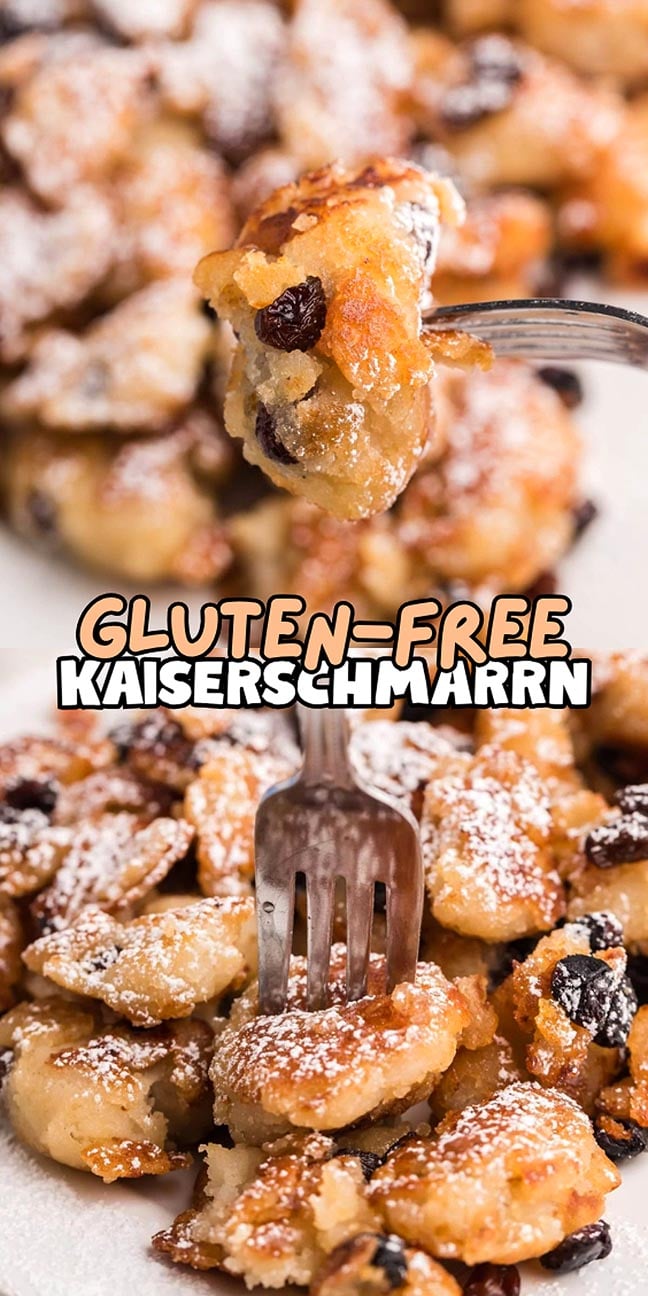 Fork holding a bite of gluten-free Kaiserschmarrn with raisins, surrounded by powdered sugar and more pieces.
