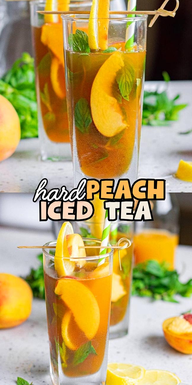 Two glasses of peach iced tea with peach slices, mint, and striped straws on a table.