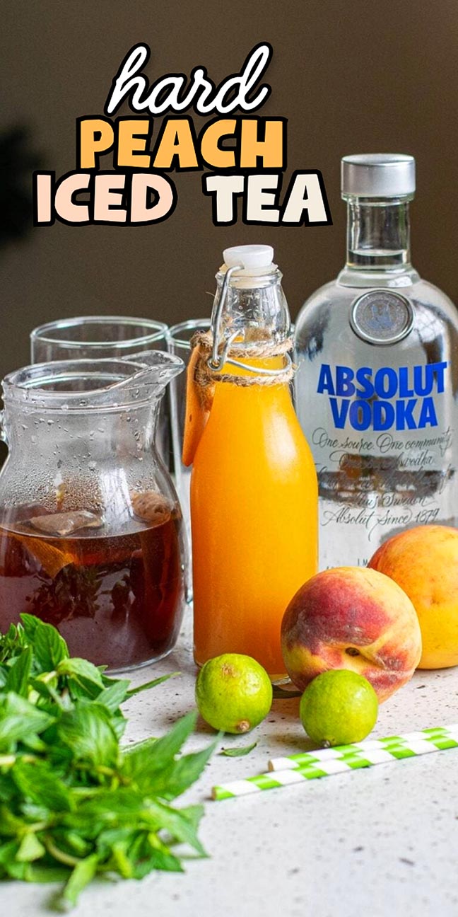 Pitcher of iced tea, bottle of vodka, jar of peach tea, peaches, and basil on a counter with text overhead.