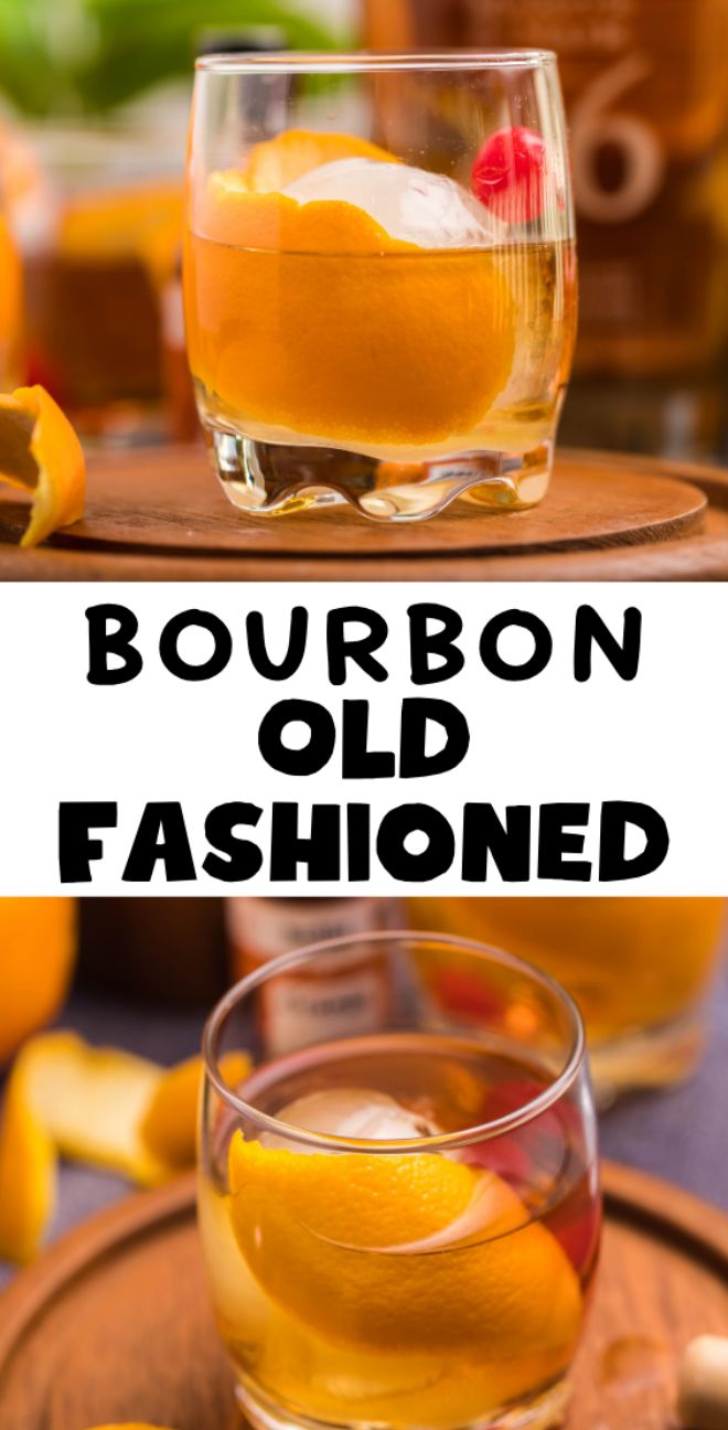 A Bourbon old fashioned, the best old fashioned recipe, served in a glass with orange peel, cherry, and ice on a wooden coaster.