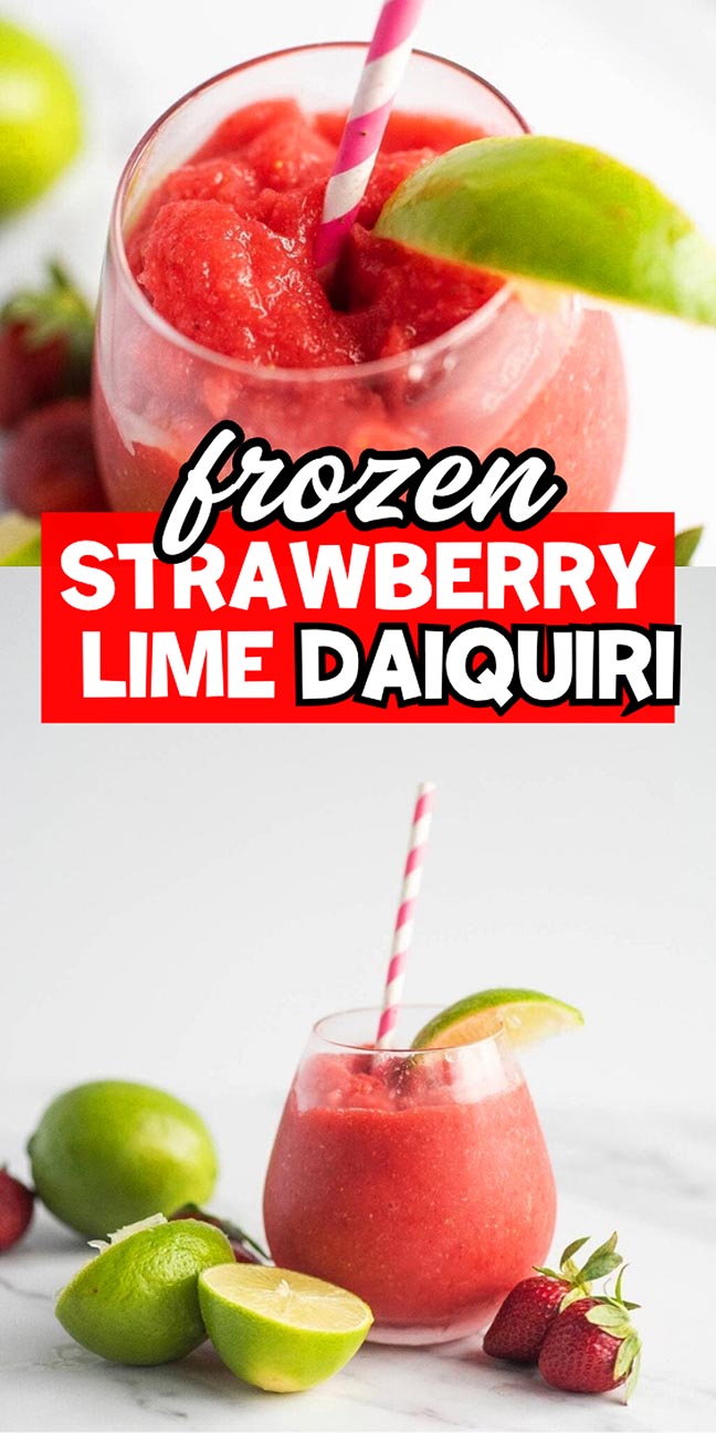 Frozen strawberry lime daiquiri in a glass with a lime wedge and striped straw.