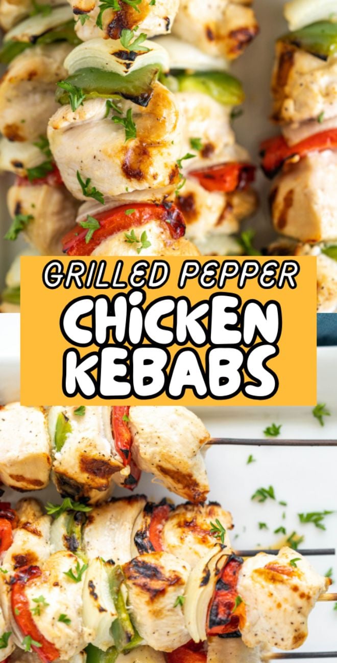 Close-up of tasty chicken skewers with red and green peppers, sprinkled with fresh parsley—perfect for anyone wanting to learn how to grill chicken kebabs with vegetables.