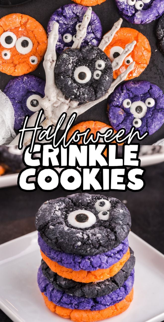 Spooky Halloween treats, these Halloween Crinkle Cookies in orange, purple, and black with candy eyes are stacked on a plate&mdash;perfect for easy Halloween cookie decorating ideas.