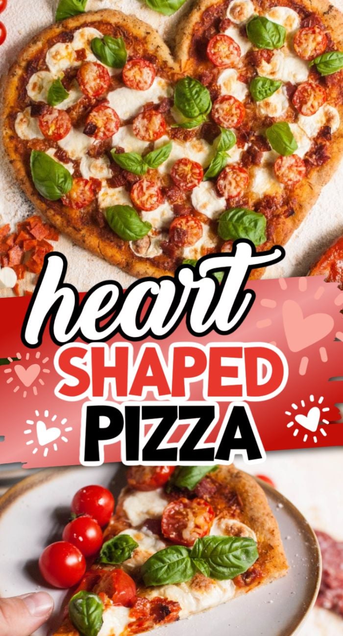 Heart Shaped Pizza topped with mozzarella, cherry tomatoes, and basil, served with extra cherry tomatoes—perfect as a Valentine’s dinner idea.