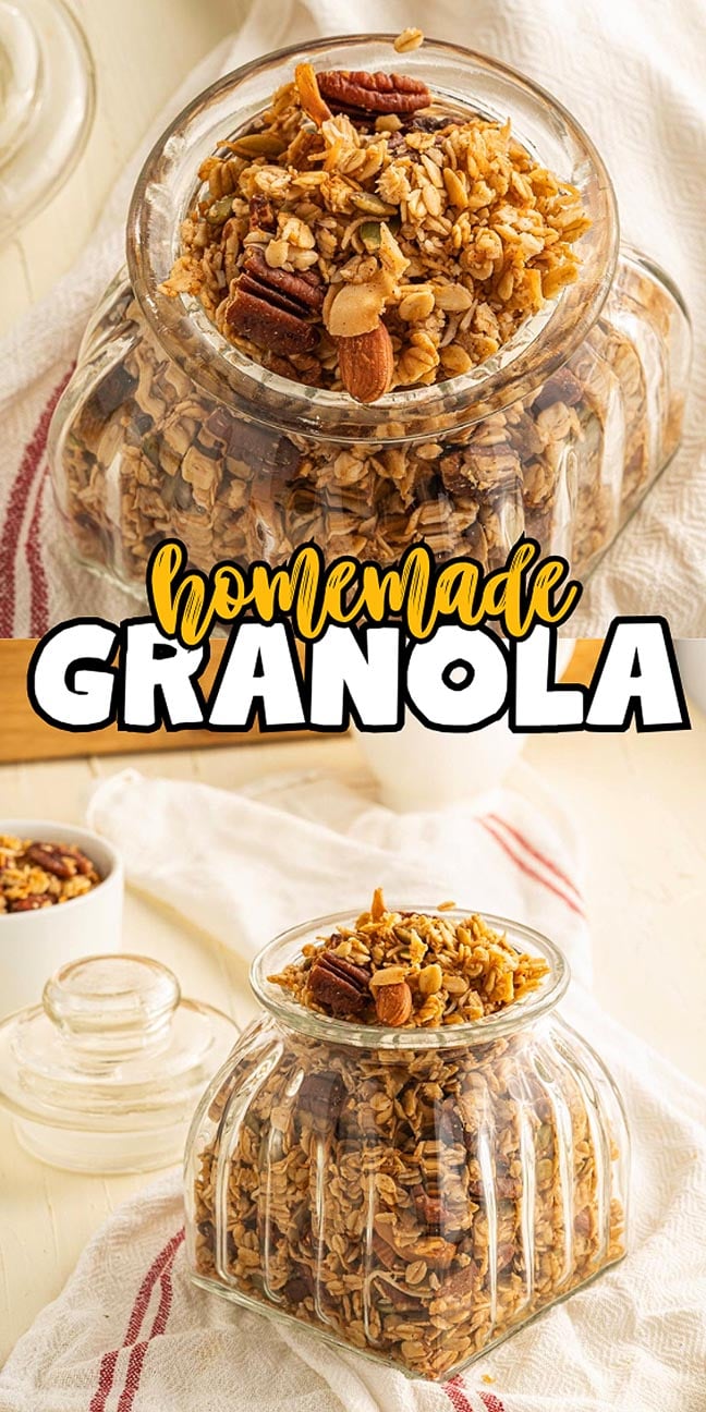 Glass jar filled with homemade granola, topped with pecans, on a white cloth with text reading “homemade granola.”.