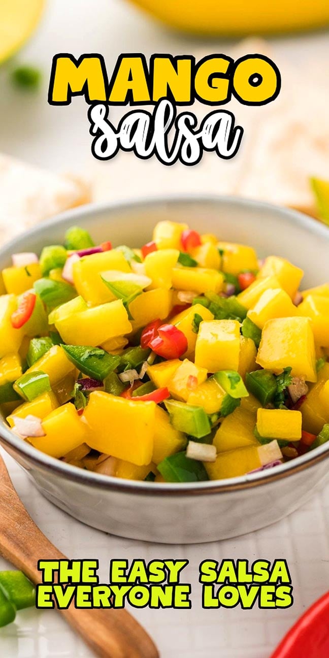 A bowl of colorful mango salsa with diced mango, peppers, and onions; text reads “Mango Salsa” and “The easy salsa everyone loves.”.