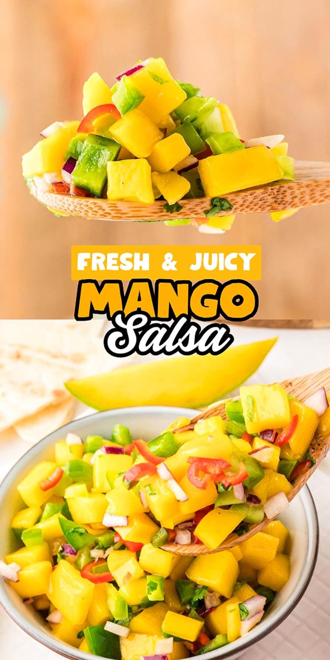 Wooden spoon and a bowl filled with colorful mango salsa, featuring diced mango, peppers, and onions.