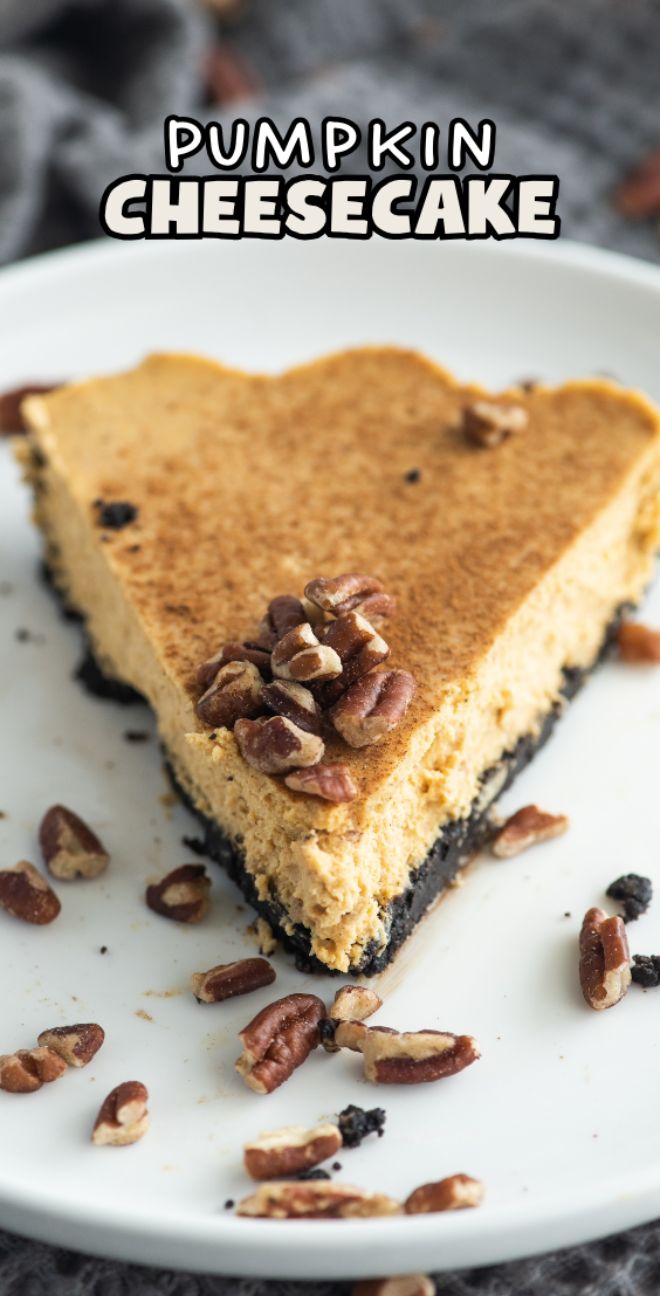 A slice of black bottom pumpkin cheesecake with pecans on top and around, served on a white plate—an easy pumpkin dessert perfect for Thanksgiving or Christmas.