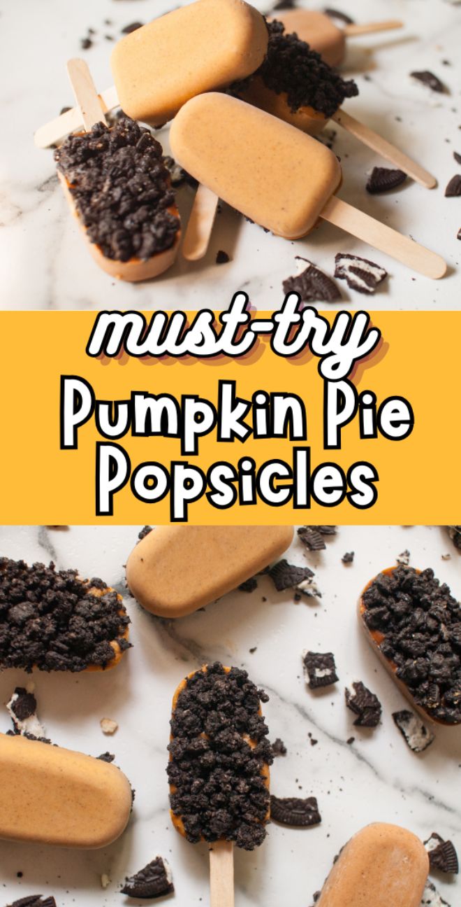 Pumpkin pie popsicles made with a recipe using pumpkin puree, some coated in crumbled Oreo for the ultimate pumpkin spice lover, arranged on a marble surface—some popsicles are plain.