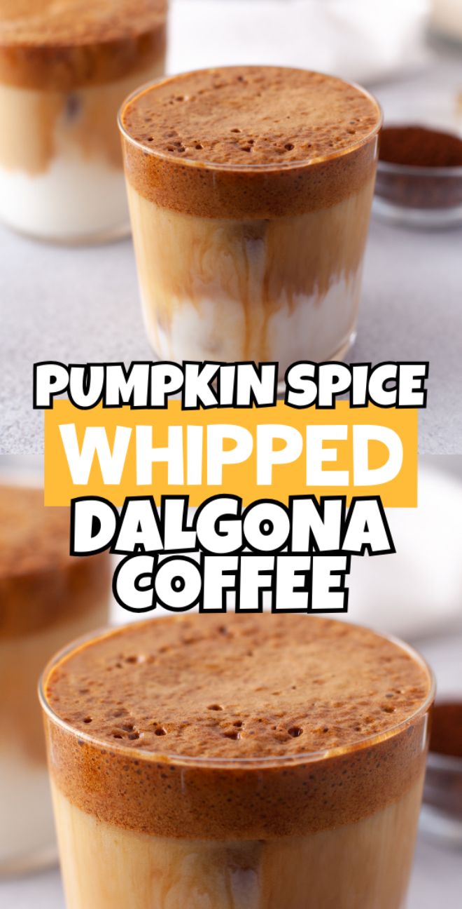 Glass of Pumpkin Spice Whipped Dalgona Coffee with creamy layers, topped with fluffy coffee and pumpkin spice foam—a delightful seasonal coffee recipe perfect for autumn.