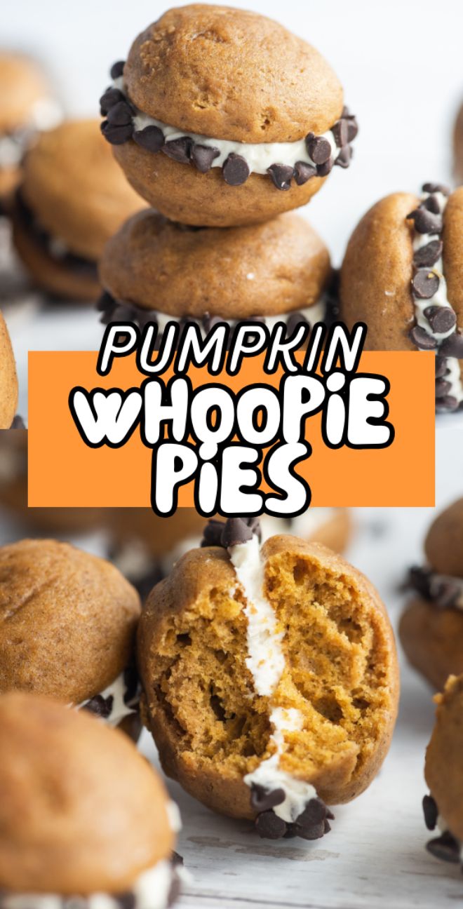 Pumpkin Whoopie Pies with chocolate chips are stacked on a white surface, each filled with a luscious cream cheese whoopie pie filling for the perfect autumn treat.