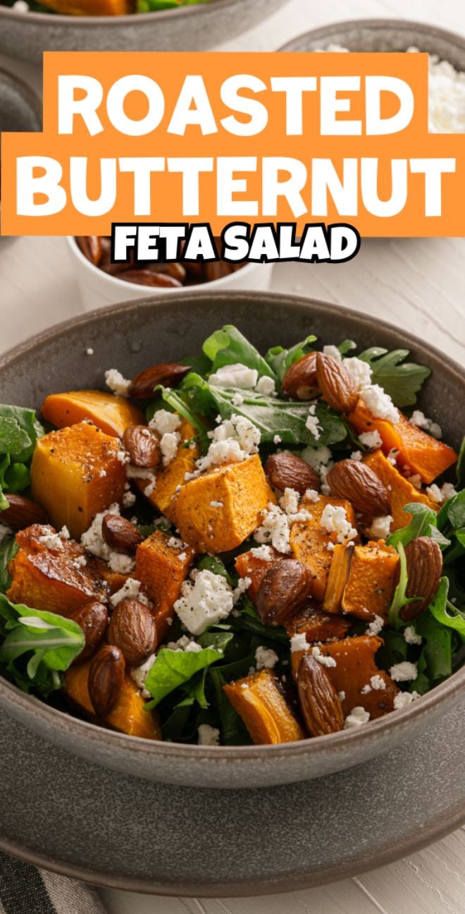A bowl of Roasted Butternut and Feta Salad with almonds and fresh greens, perfect for a flavorful and wholesome meal.