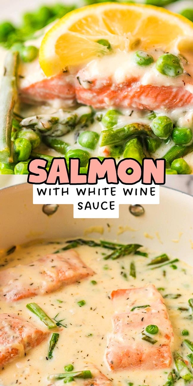 Salmon fillets with asparagus and peas in a creamy white wine sauce.