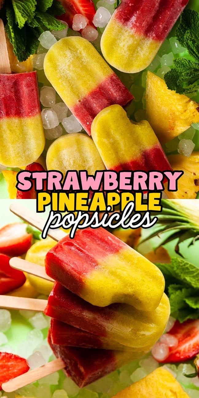 Strawberry and pineapple popsicles garnished with fresh mint, strawberries, and pineapple chunks.