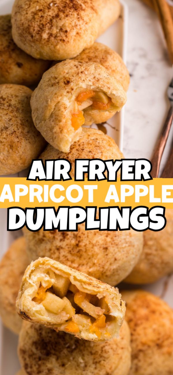 Golden brown puff pastry dumplings filled with apple and apricot, stacked on a plate with filling inside—an irresistible autumn air fryer dessert.