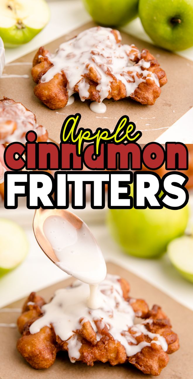Apple fritters topped with white icing, surrounded by green apples, and text reading "Apple Cinnamon Fritters"—a delicious nod to old fashioned fritters for anyone craving the best fried apple fritters.