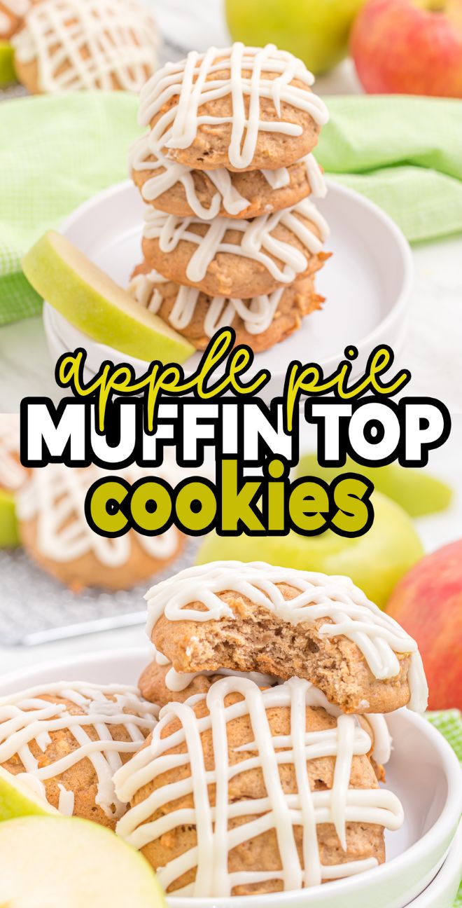 Three soft apple cookies, inspired by our Apple Pie Muffin Top Cookies recipe, are stacked on a plate with white icing, surrounded by green apple slices and whole apples.