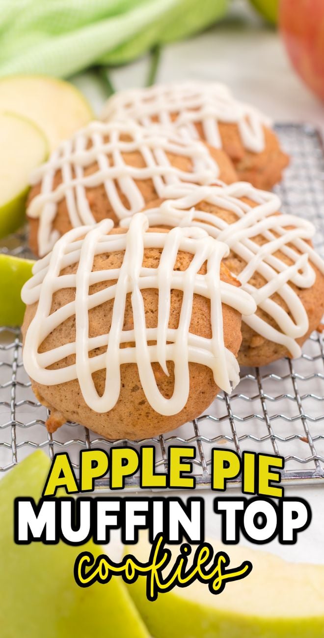 Soft apple cookies with a muffin top cookies recipe, drizzled with Vanilla Maple Glaze, cool on a wire rack alongside fresh apple slices.