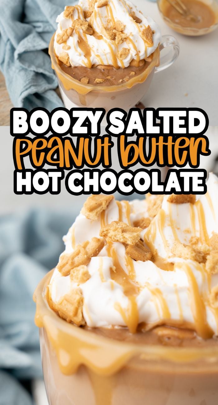 Close-up of Boozy Salted Peanut Butter Hot Chocolate, a hot peanut butter drink topped with whipped cream, caramel, and cookie pieces—an irresistible Skrewball whiskey recipe for cozy nights.
