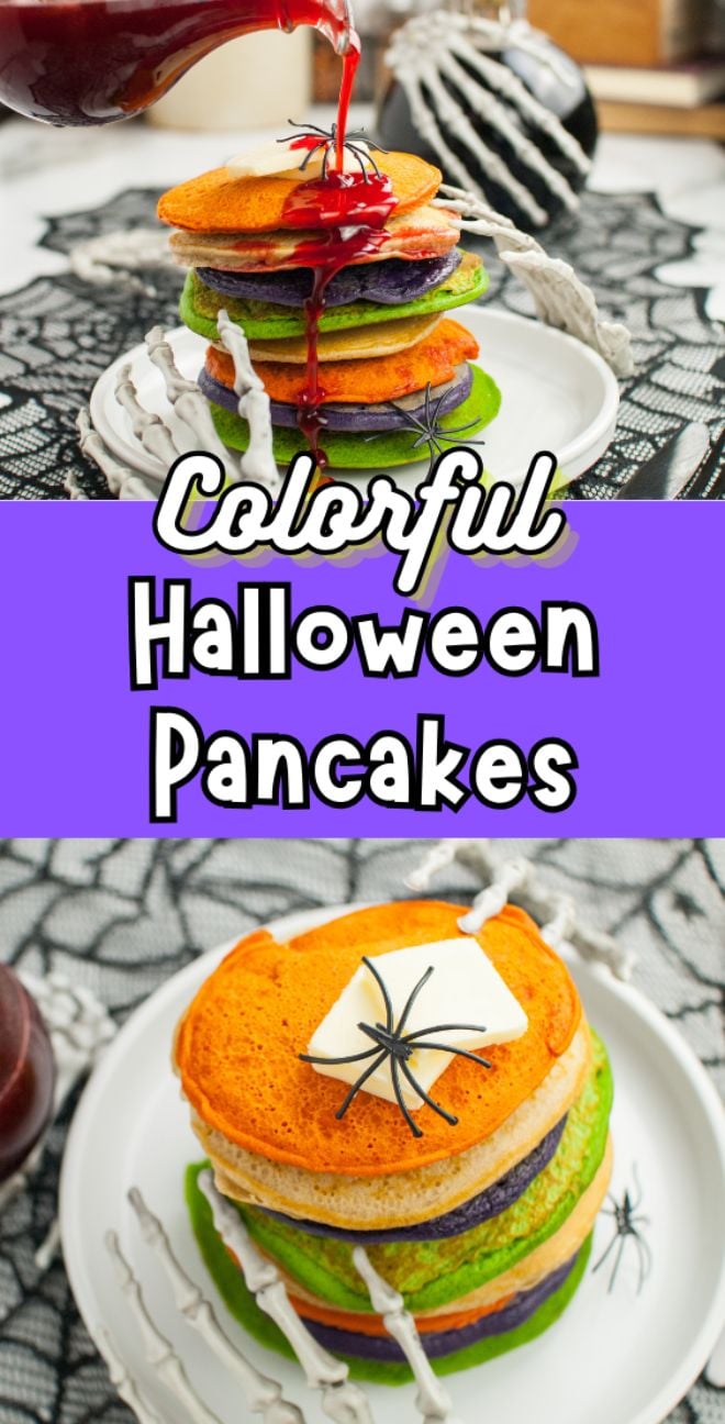 A stack of Colorful Halloween Pancakes with syrup and festive decorations, topped with spider and skeleton props—perfect inspiration if you’re looking for fun Halloween recipes for kids!.